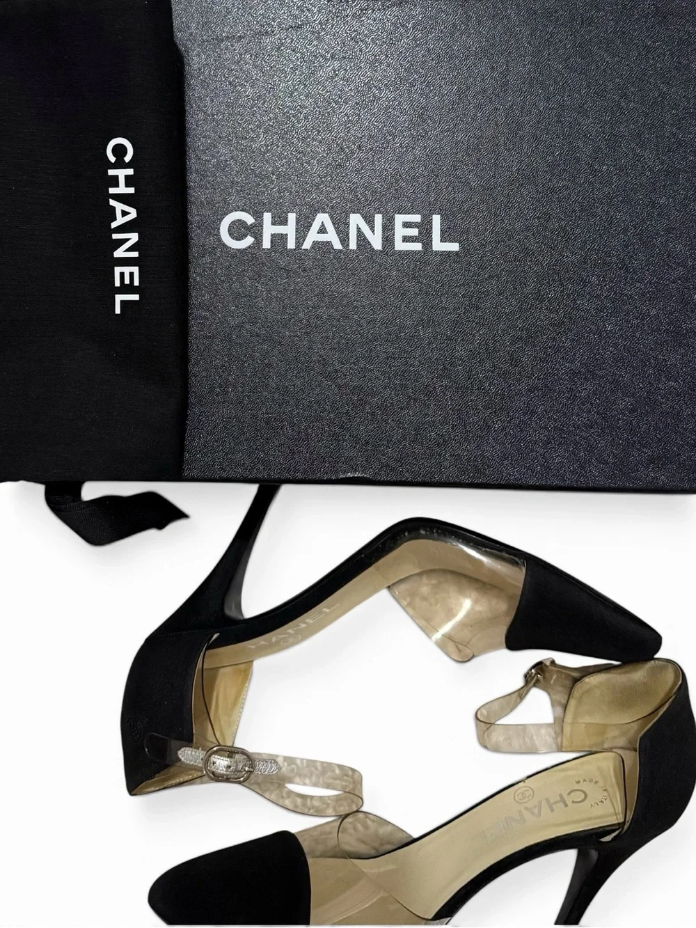 Chanel Black Fabric & Clear PVC Pointed-Toe Heels – Size 37.5